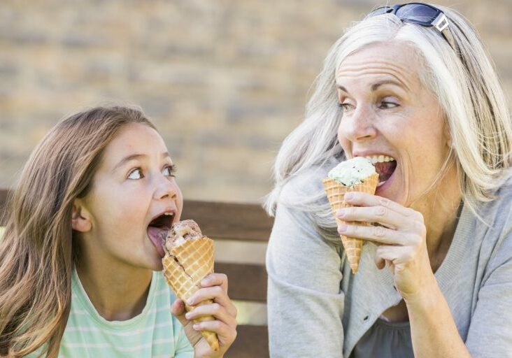 Grandma and granddaughter eating ice cream