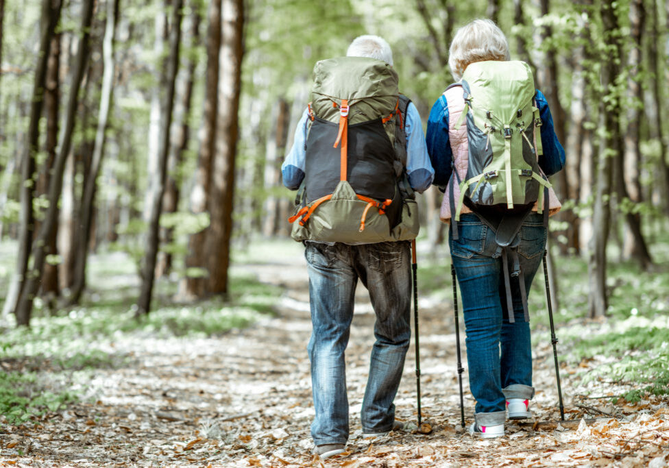 Beautiful senior couple hiking with backpacks and trekking sticks in the forest, back view Concept of active lifestyle on retirement